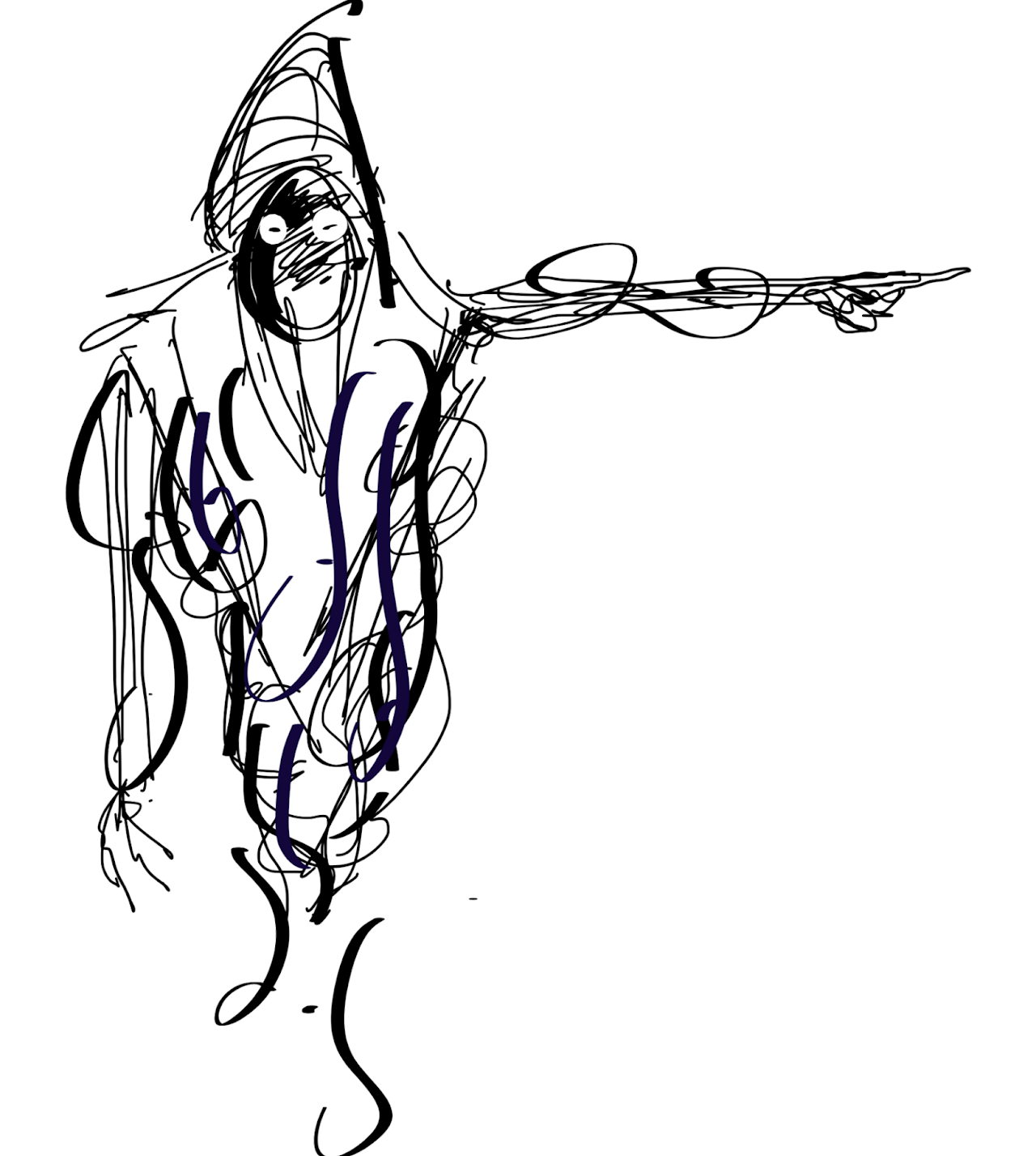 Ink sketch of a hooded figure pointing